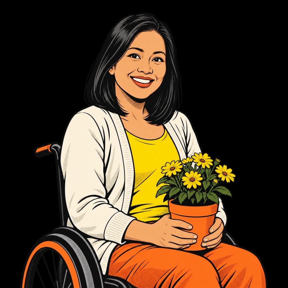 Illustration d’une femme en fauteuil roulant qui tient une plante fleurie en souriant