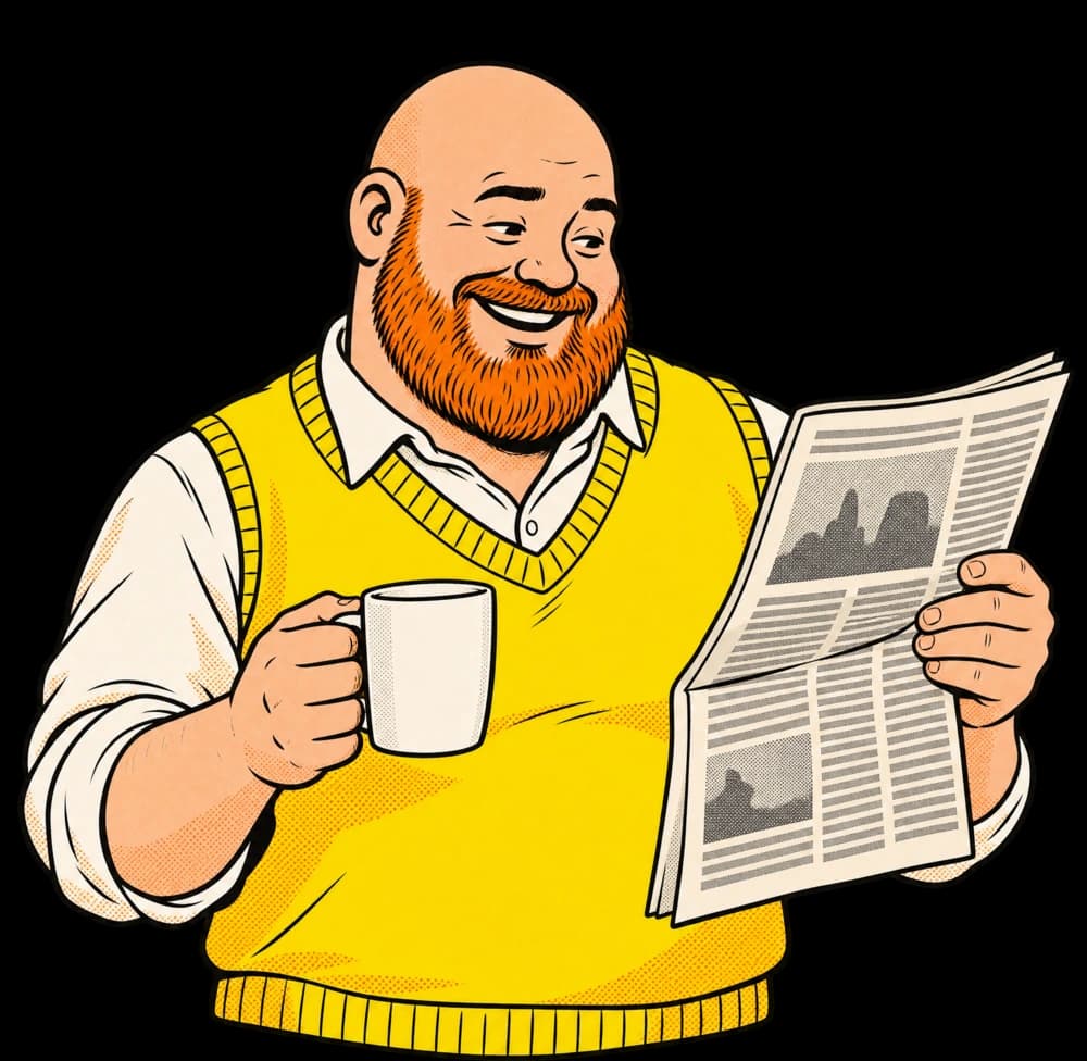 Illustration d’un homme qui lit le journal, une tasse à la main