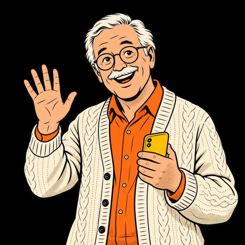 Illustration d’un homme âgé qui salue de la main, un téléphone dans l’autre