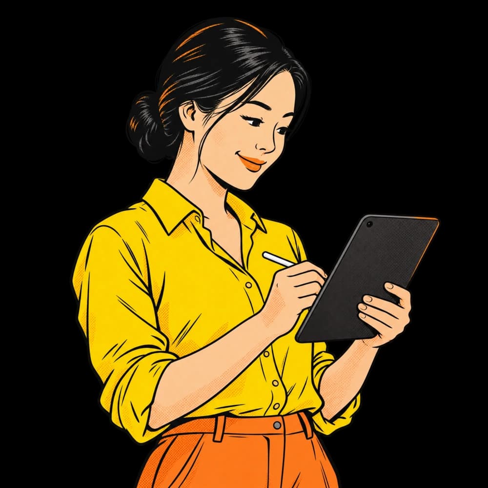 Illustration d’une femme qui signe un document sur une tablette