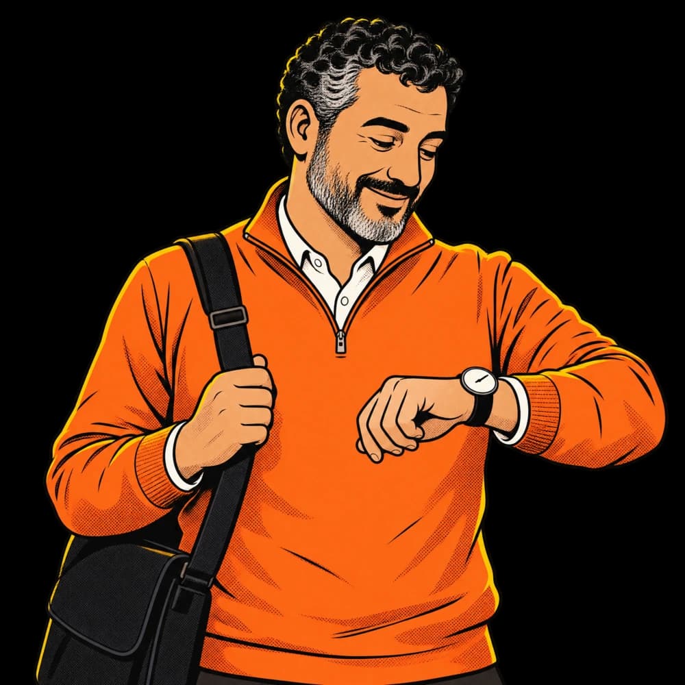 Illustration d’un homme qui regarde sa montre en souriant, un sac en bandoulière