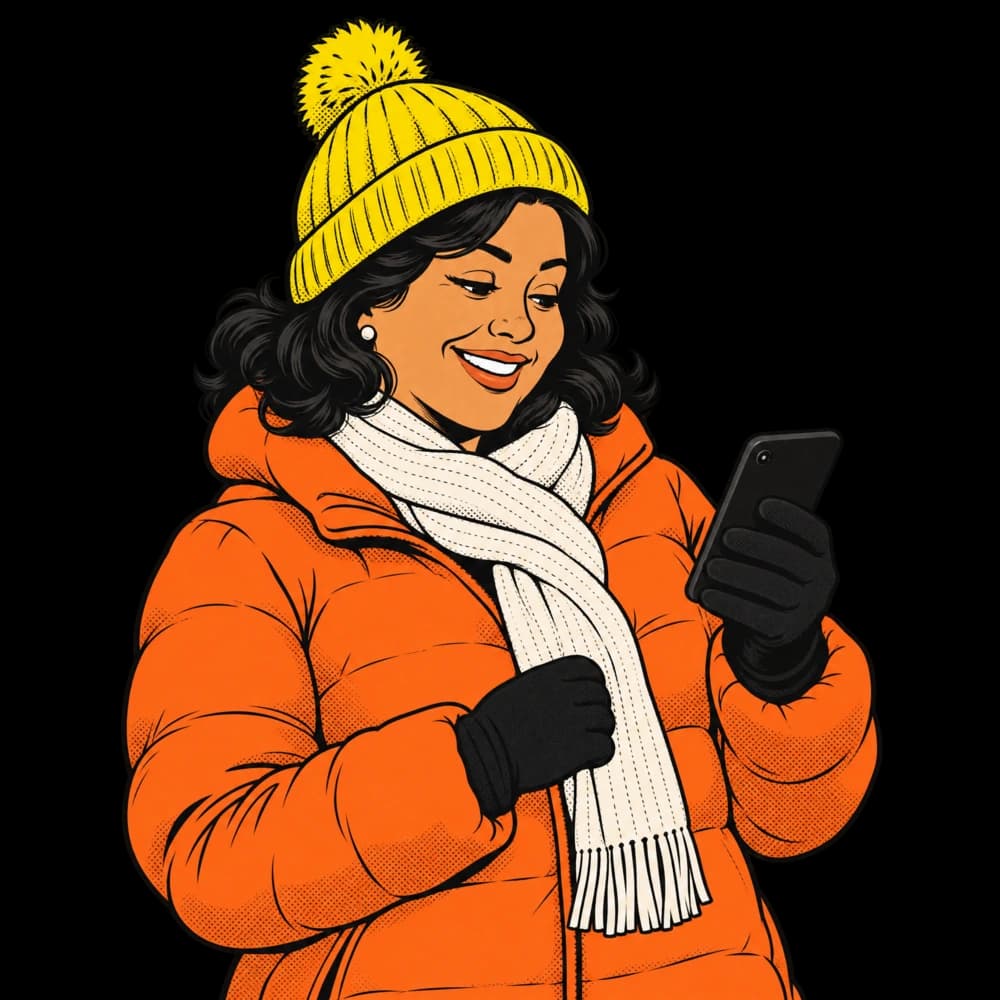 Illustration d’une femme en manteau d’hiver qui consulte son téléphone, soulagée