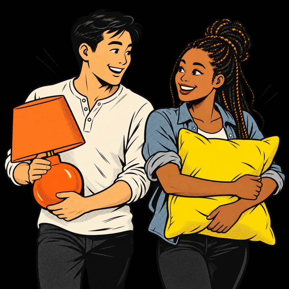 Illustration d’un couple qui emménage, une lampe et un coussin dans les bras