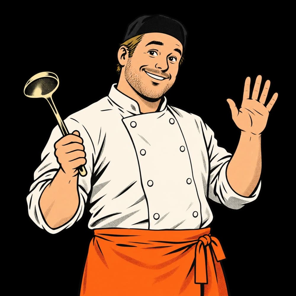 Illustration d’un cuisinier souriant qui tient une louche et salue de la main