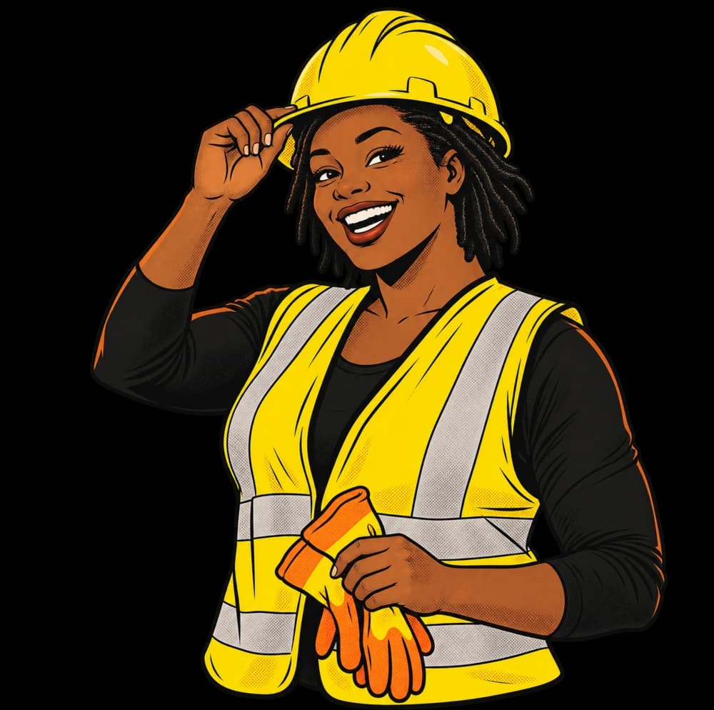 Illustration d’une travailleuse de chantier en casque et dossard, qui rit