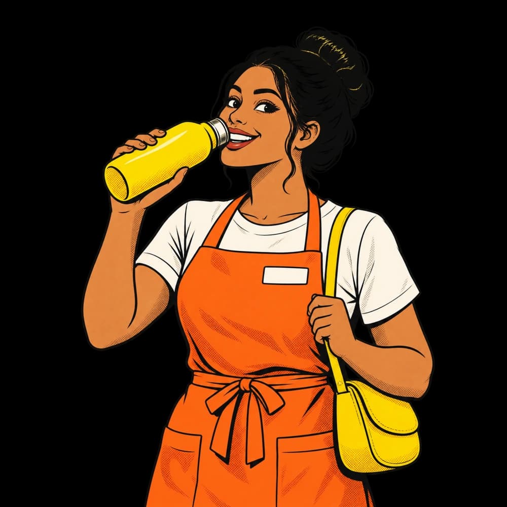 Illustration d’une employée en tablier qui boit à sa gourde pendant sa pause