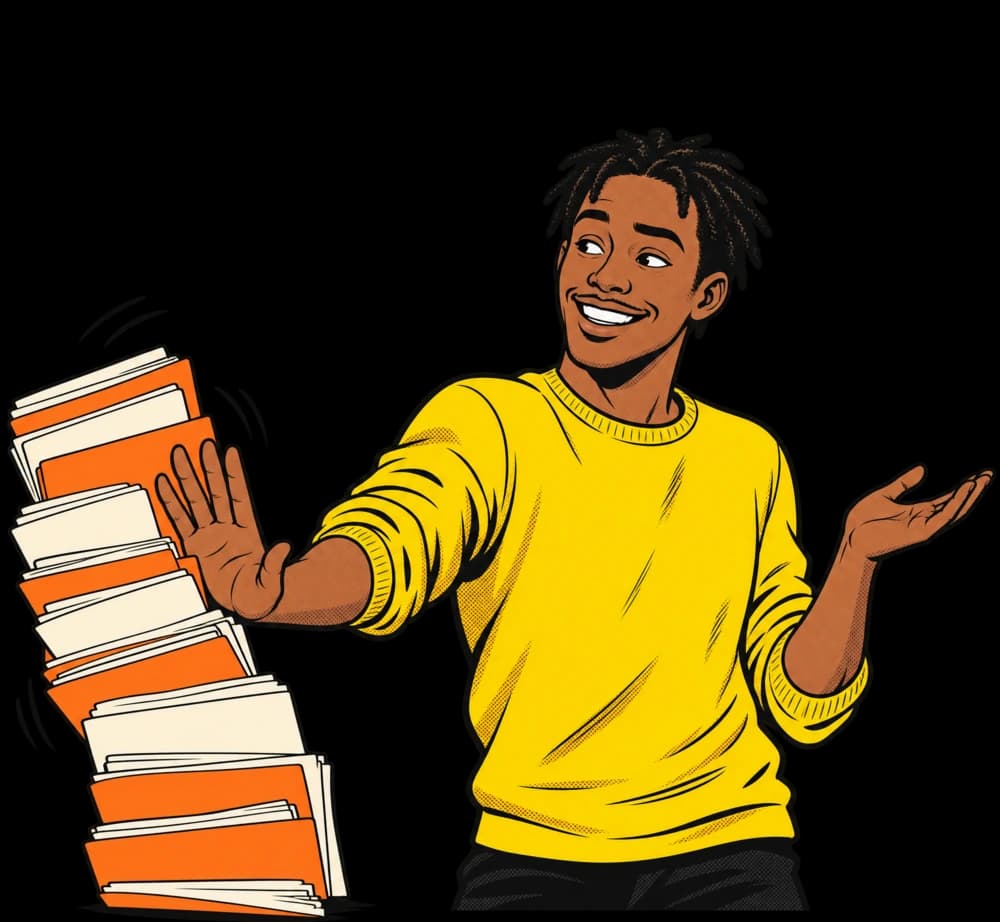 Illustration d’un homme qui repousse en souriant une pile de dossiers