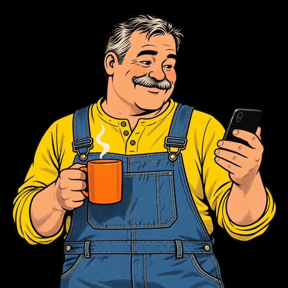 Illustration d’un homme en salopette de travail qui lit son téléphone, un café à la main