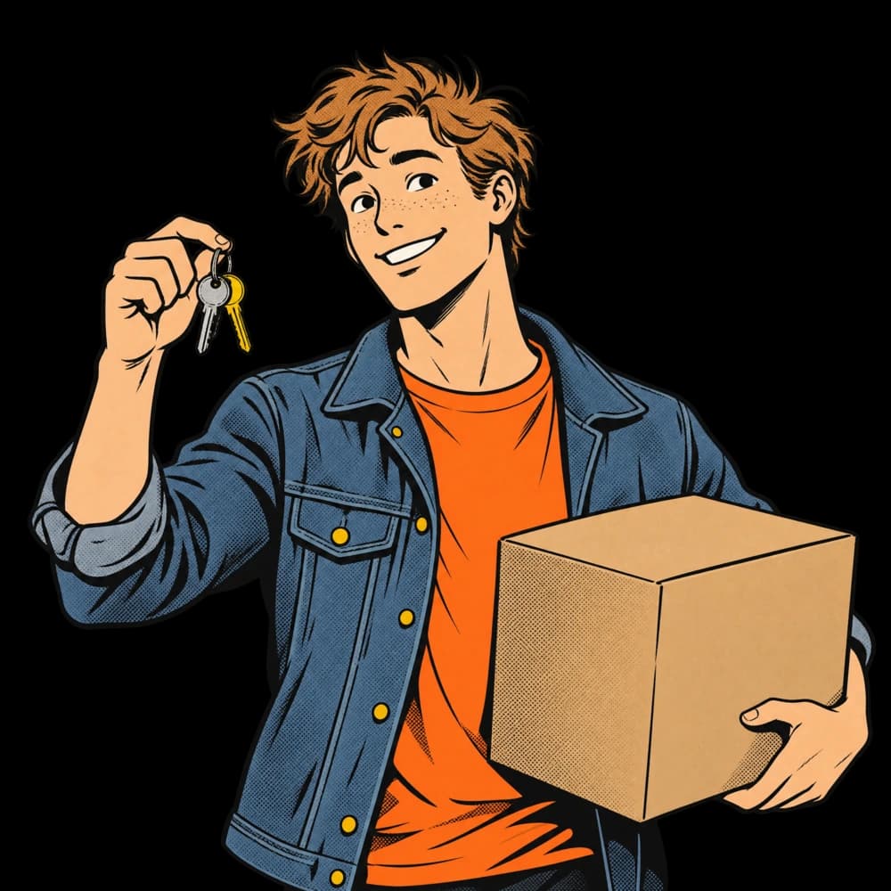 Illustration d’un jeune homme qui tient les clés de son appartement et une boîte de déménagement