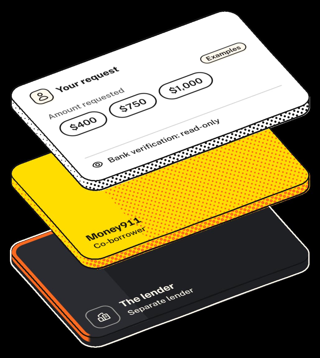 The three separate layers: your request, Money911 (the co-borrower) and the separate lender.